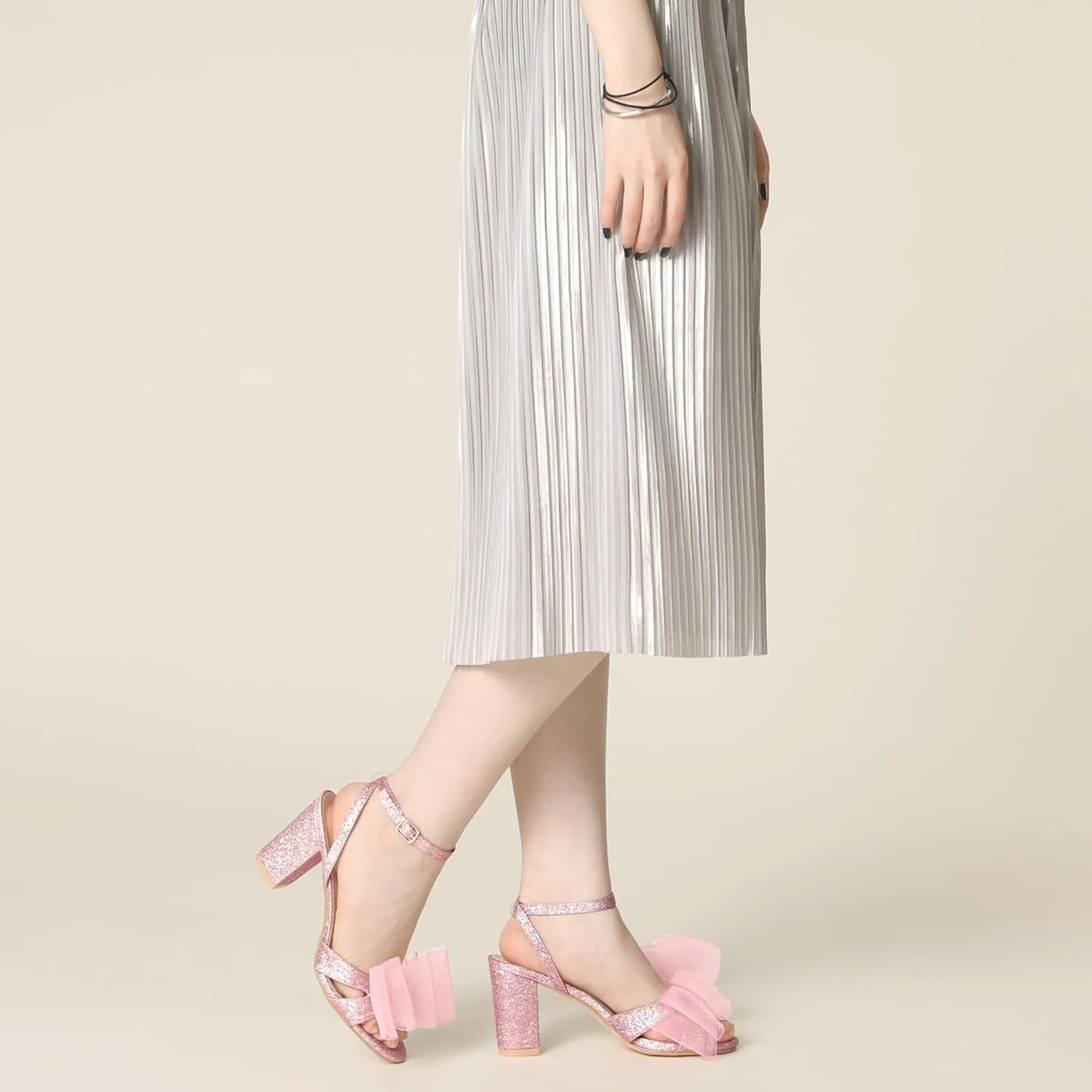 Perphy Glitter Heel Mesh Bow Chunky High Heel Sandal for Women