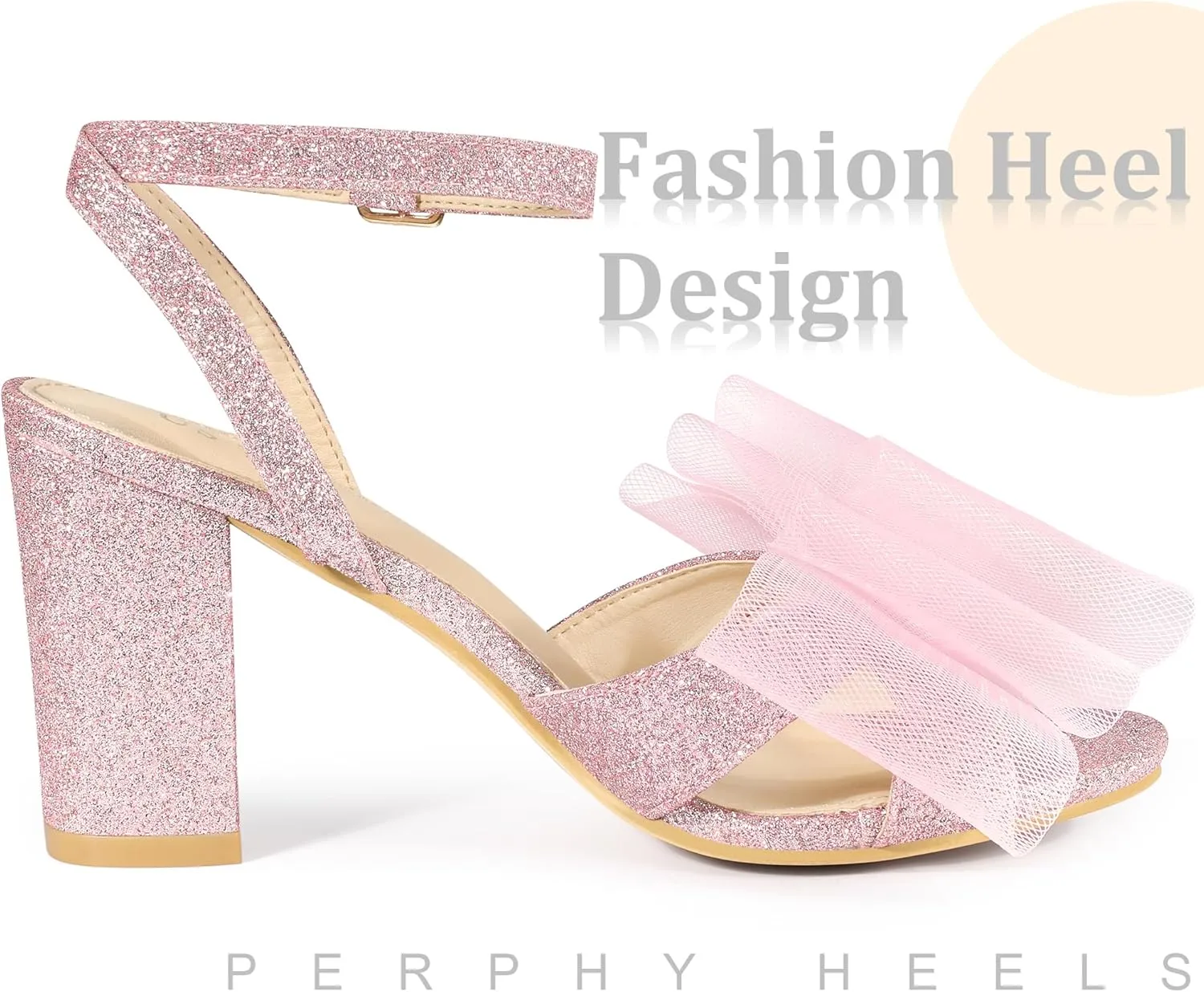 Perphy Glitter Heel Mesh Bow Chunky High Heel Sandal for Women