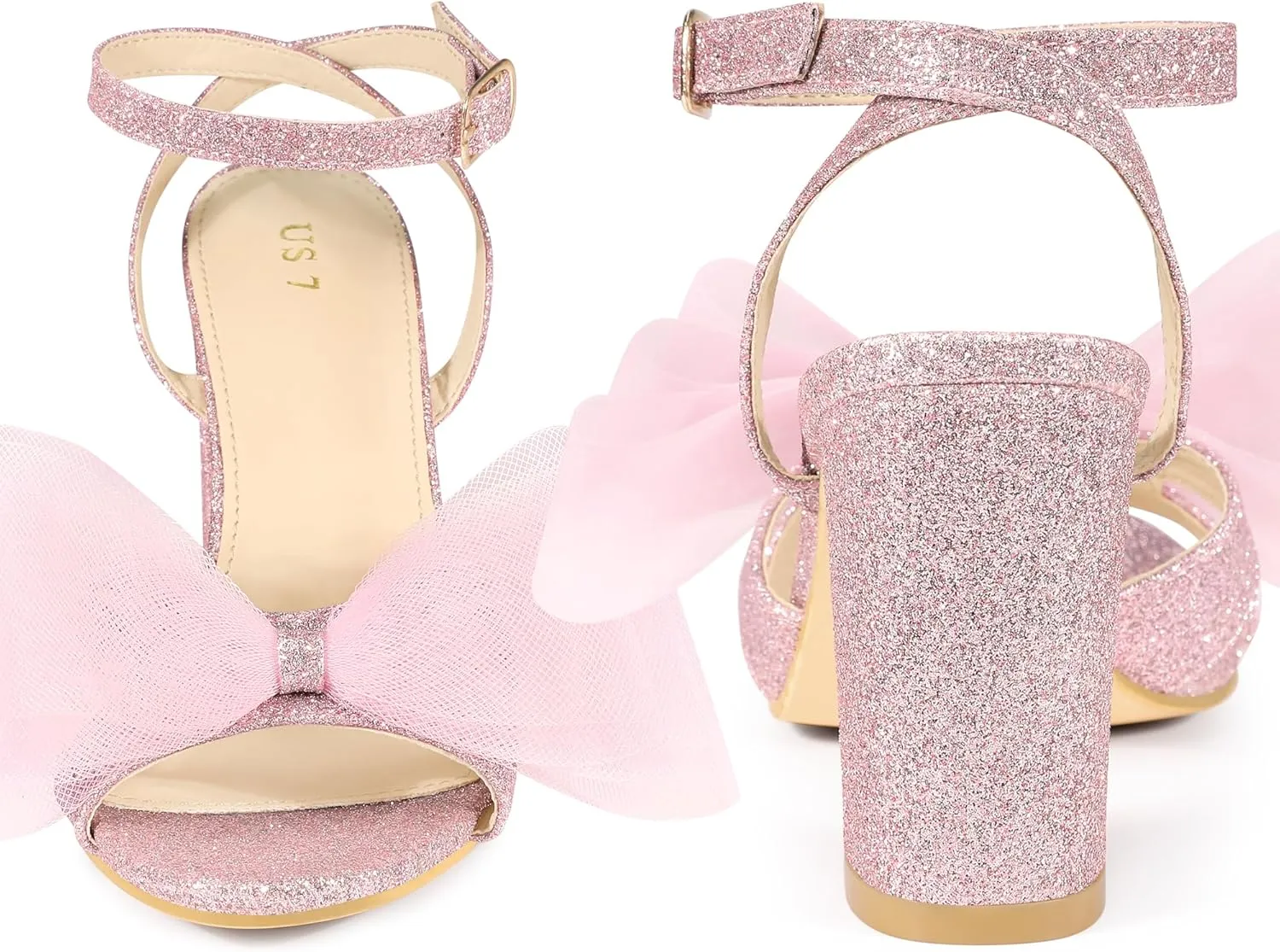 Perphy Glitter Heel Mesh Bow Chunky High Heel Sandal for Women