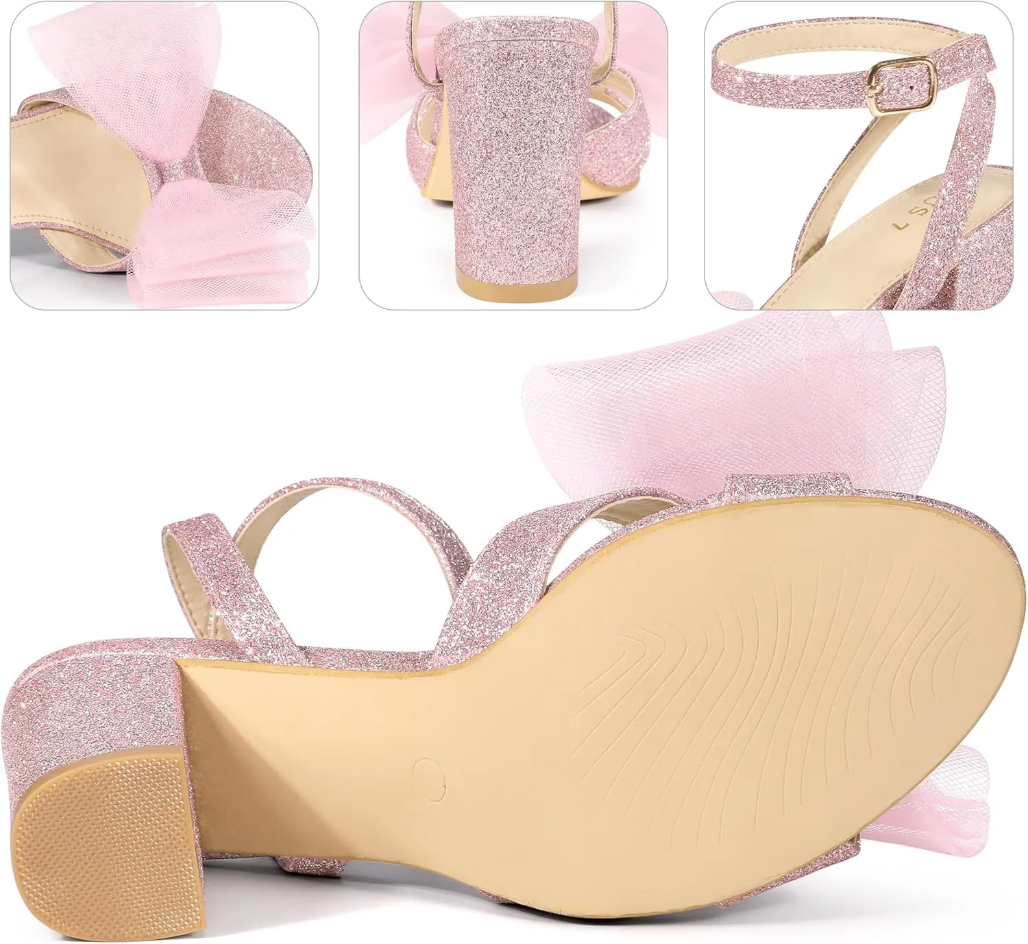 Perphy Glitter Heel Mesh Bow Chunky High Heel Sandal for Women