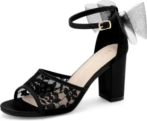Perphy Lace Open Toe Bow Ankle Strap Block Heel Sandals for Women