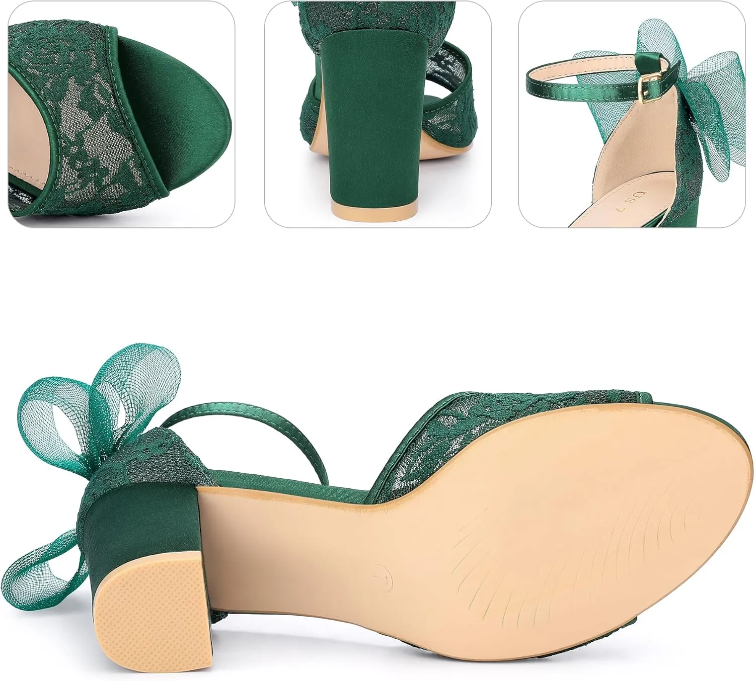 Perphy Lace Open Toe Bow Ankle Strap Block Heel Sandals for Women