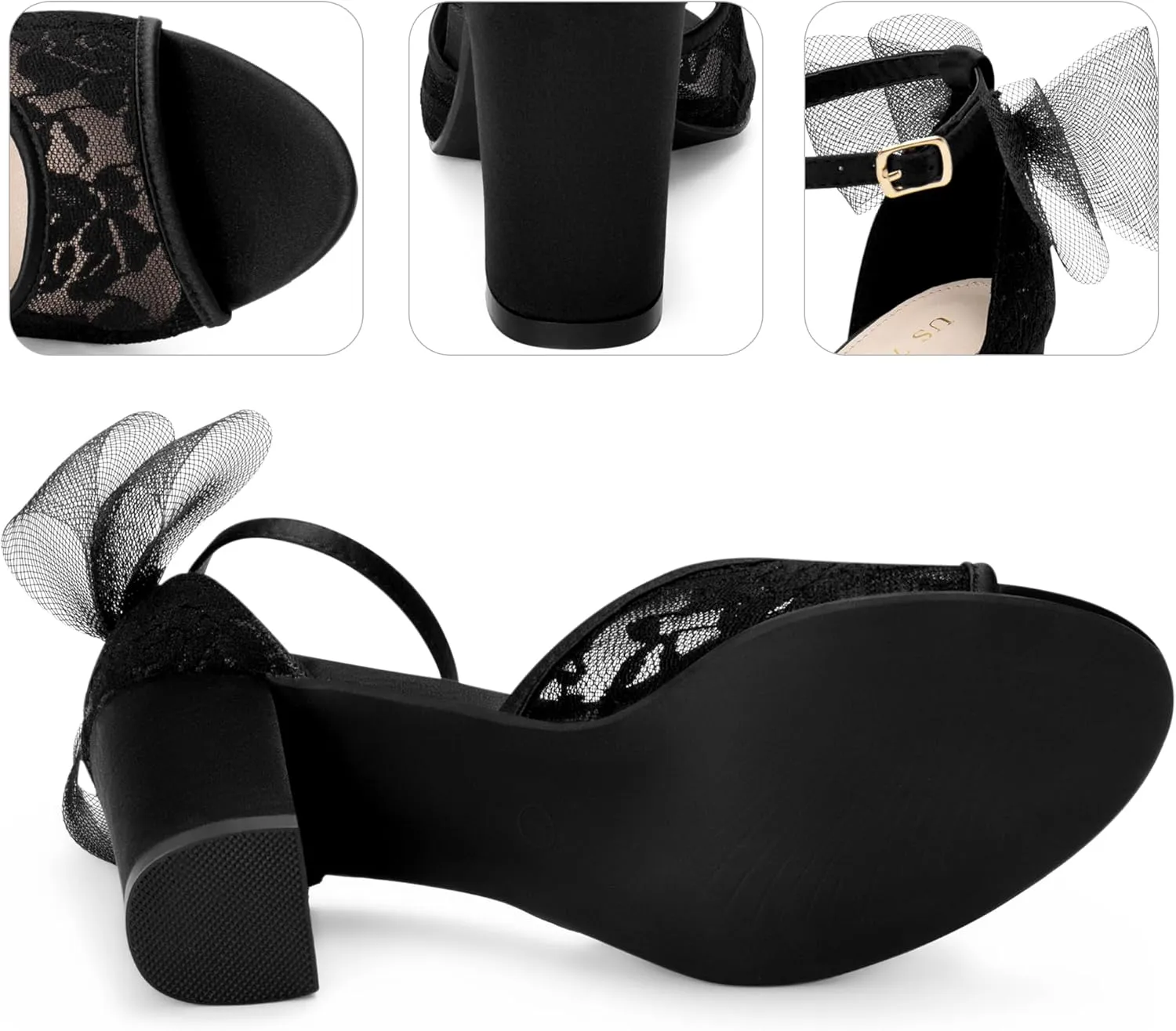Perphy Lace Open Toe Bow Ankle Strap Block Heel Sandals for Women