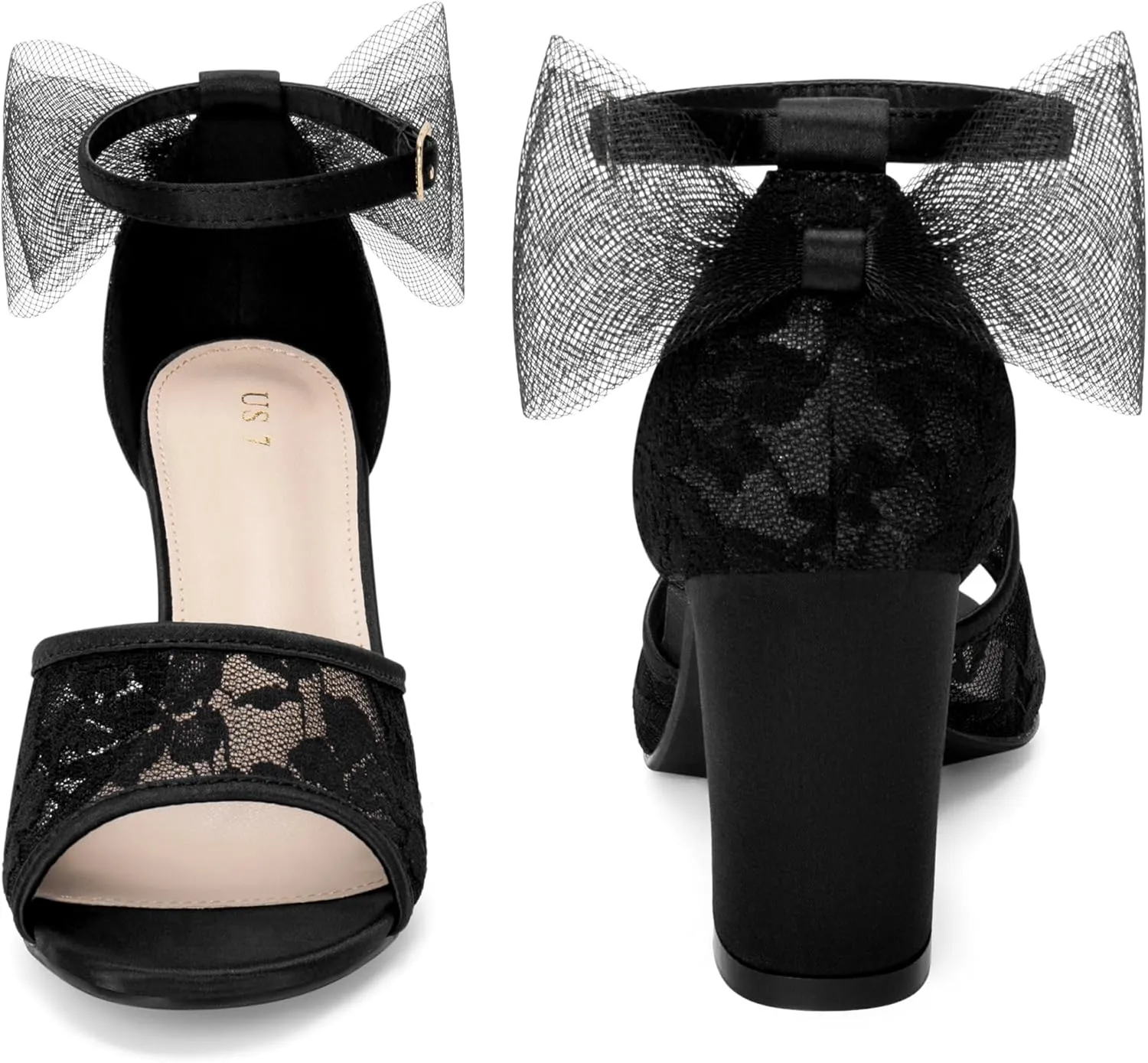 Perphy Lace Open Toe Bow Ankle Strap Block Heel Sandals for Women