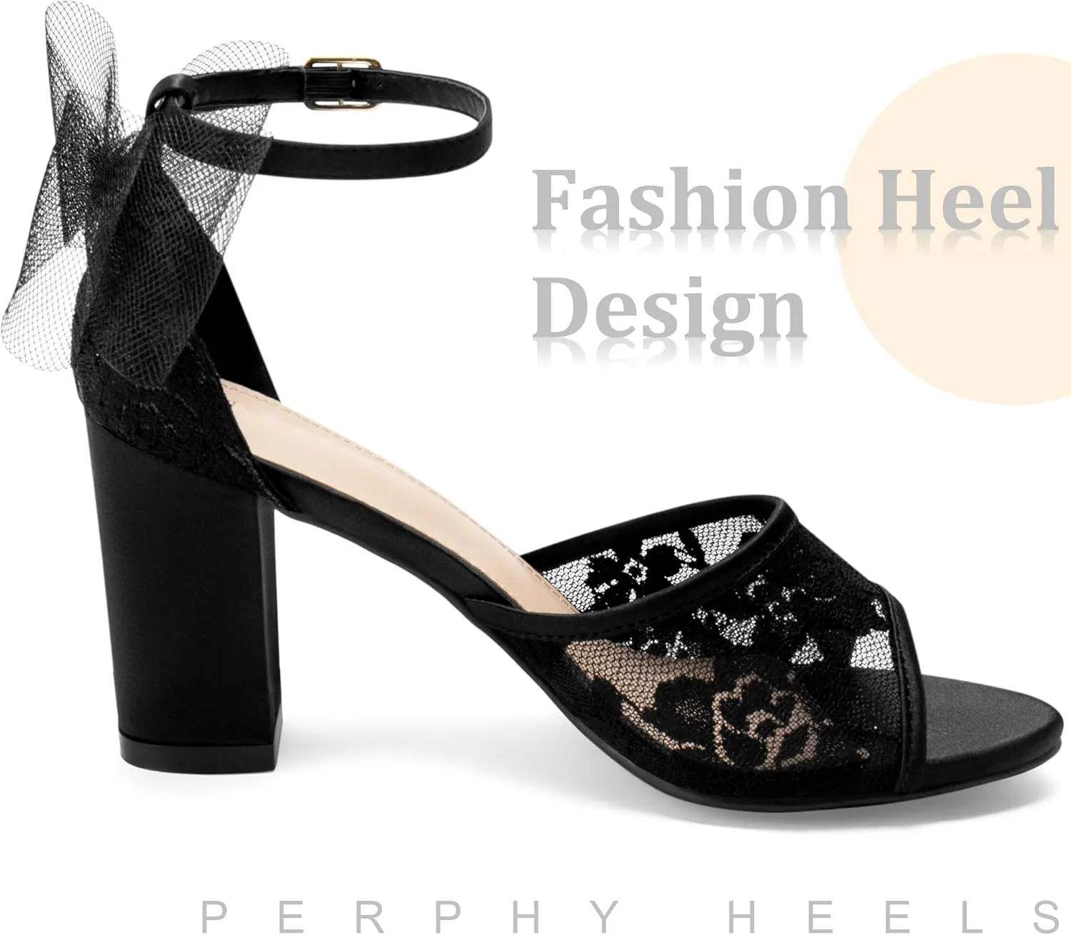 Perphy Lace Open Toe Bow Ankle Strap Block Heel Sandals for Women
