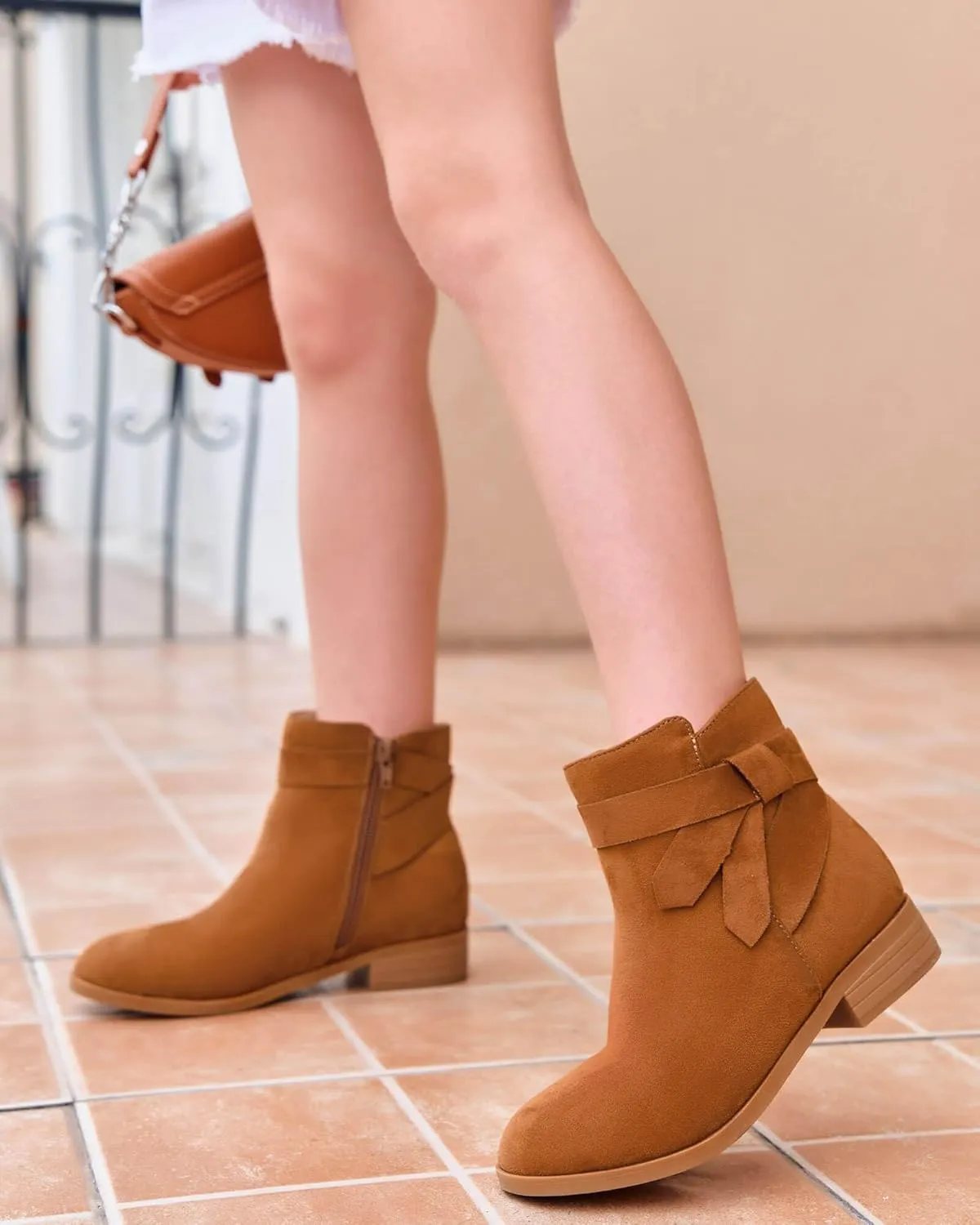 PiePieBuy Kids Girls Tie Knot Ankle Boots Chunky Low Block Heel Chelsea Dress Booties Winter Shoes With Zipper