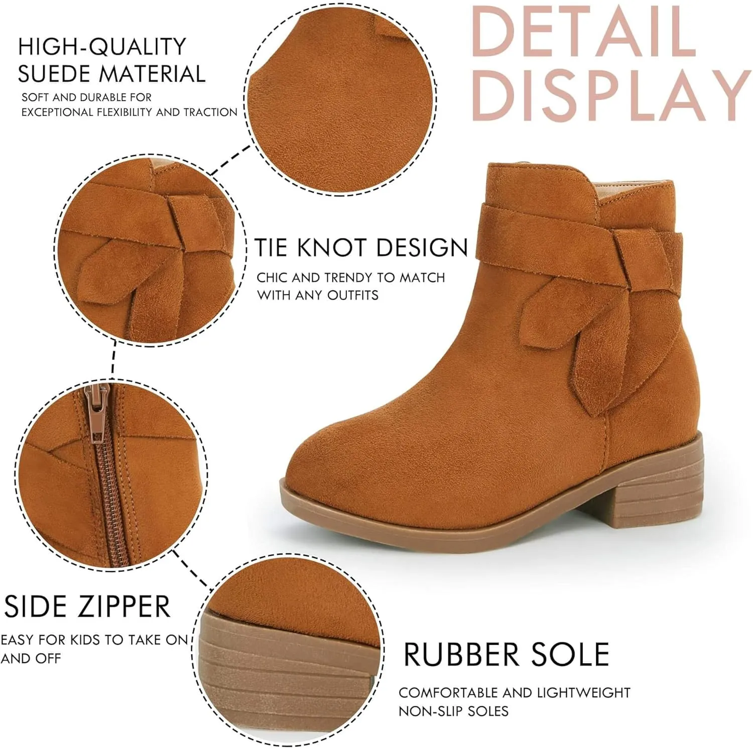 PiePieBuy Kids Girls Tie Knot Ankle Boots Chunky Low Block Heel Chelsea Dress Booties Winter Shoes With Zipper