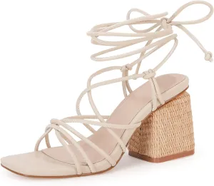 PiePieBuy Women's Lace Up Chunky Braided Heel Sandals Square Toe Strappy Ankle Strap Heels