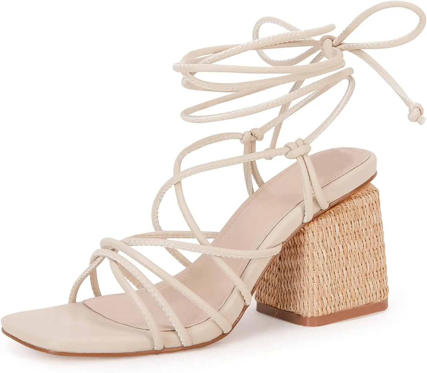 PiePieBuy Women's Lace Up Chunky Braided Heel Sandals Square Toe Strappy Ankle Strap Heels