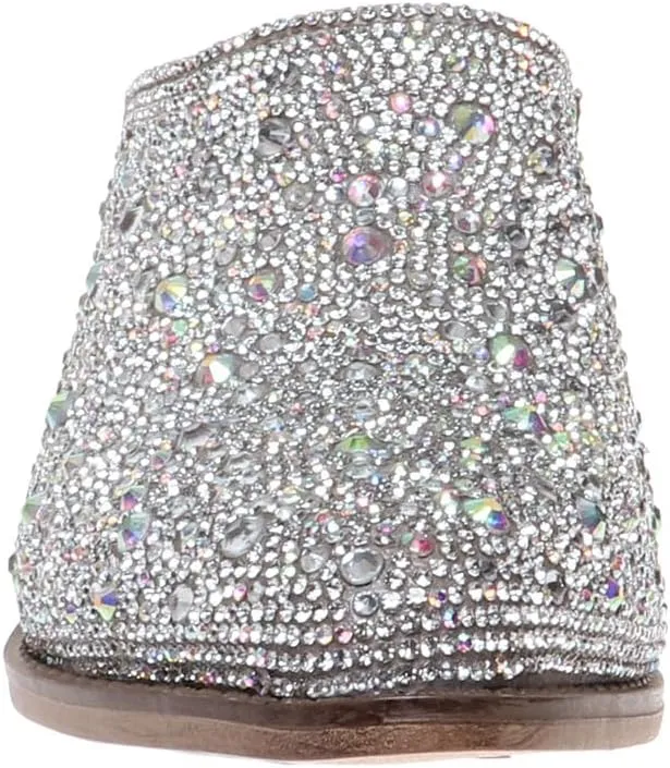 Pierre Dumas Women Pointed Toe Rhinestone Slip on Mules Chunky Heel Sandals