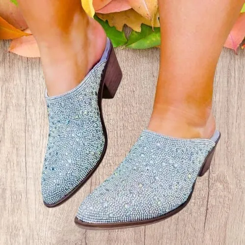 Pierre Dumas Women Pointed Toe Rhinestone Slip on Mules Chunky Heel Sandals