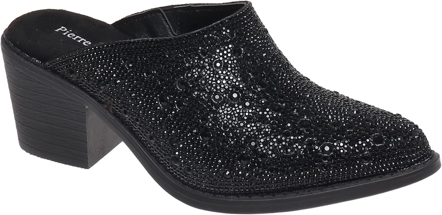 Pierre Dumas Women Pointed Toe Rhinestone Slip on Mules Chunky Heel Sandals
