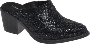 Pierre Dumas Women Pointed Toe Rhinestone Slip on Mules Chunky Heel Sandals