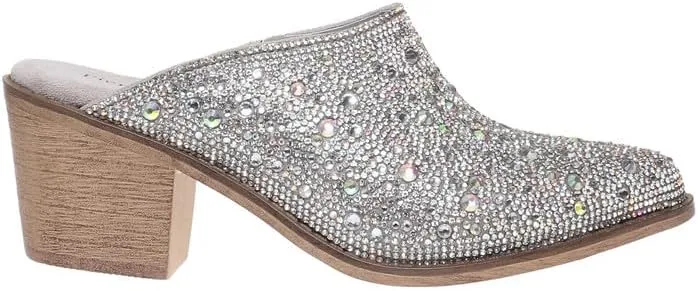 Pierre Dumas Women Pointed Toe Rhinestone Slip on Mules Chunky Heel Sandals