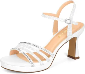 PIZZ ANNU Lena Women's Platform Heels High Block Chunky Sparkly Rhinestone Open Toe Ankle Strap Fashion Dress Pump Sandals Shoes for Party Wedding