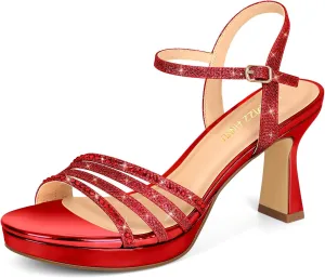 PIZZ ANNU Lena Women's Platform Heels High Block Chunky Sparkly Rhinestone Open Toe Ankle Strap Fashion Dress Pump Sandals Shoes for Party Wedding