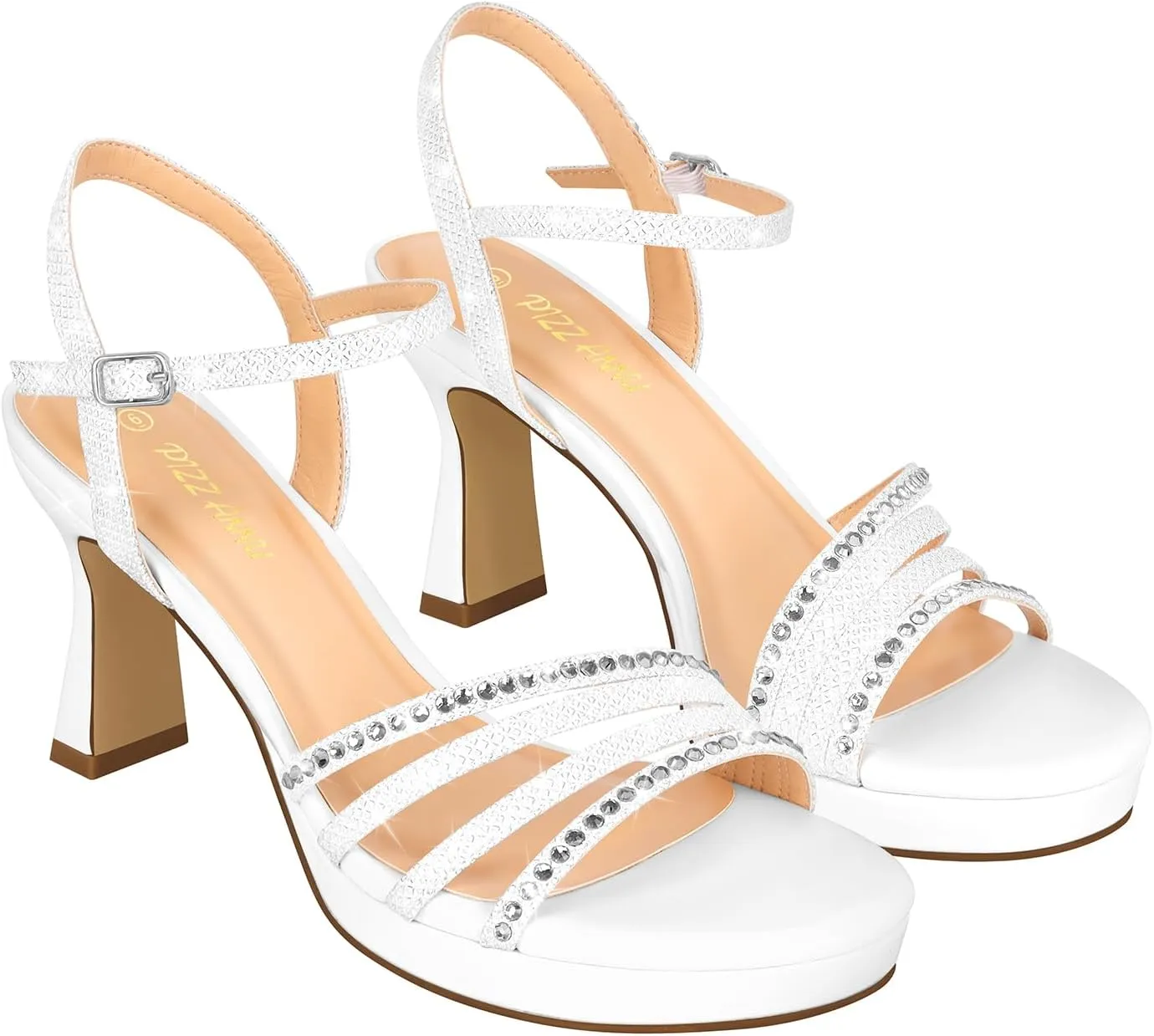 PIZZ ANNU Lena Women's Platform Heels High Block Chunky Sparkly Rhinestone Open Toe Ankle Strap Fashion Dress Pump Sandals Shoes for Party Wedding