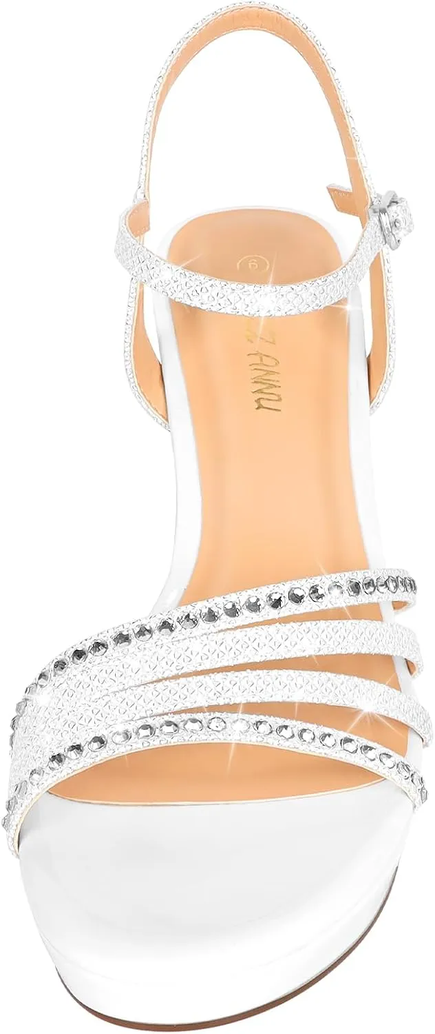 PIZZ ANNU Lena Women's Platform Heels High Block Chunky Sparkly Rhinestone Open Toe Ankle Strap Fashion Dress Pump Sandals Shoes for Party Wedding