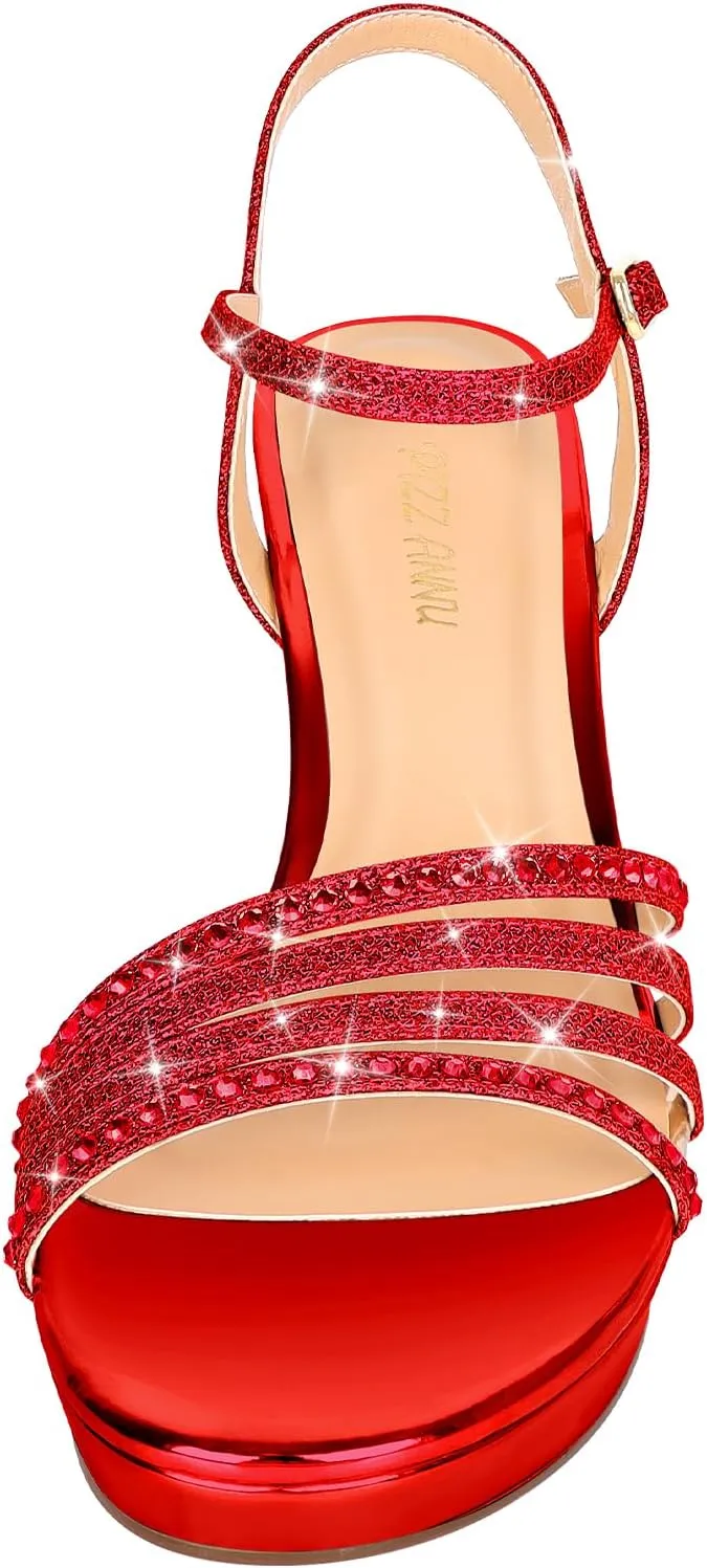 PIZZ ANNU Lena Women's Platform Heels High Block Chunky Sparkly Rhinestone Open Toe Ankle Strap Fashion Dress Pump Sandals Shoes for Party Wedding