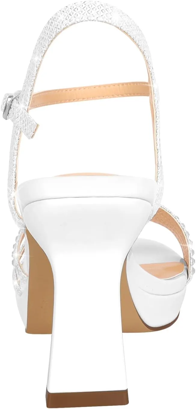 PIZZ ANNU Lena Women's Platform Heels High Block Chunky Sparkly Rhinestone Open Toe Ankle Strap Fashion Dress Pump Sandals Shoes for Party Wedding