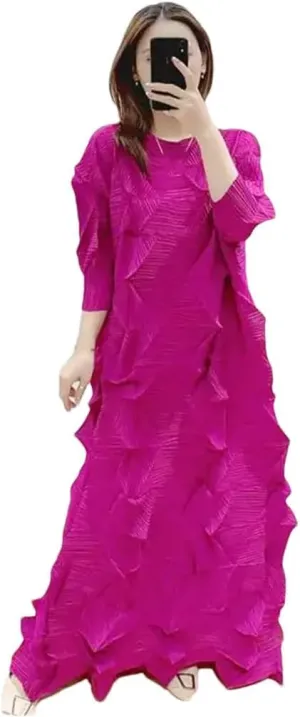 Pleated Dress Women Round Neck Three Quarter Sleeves Pleated Pullover Loose Dress