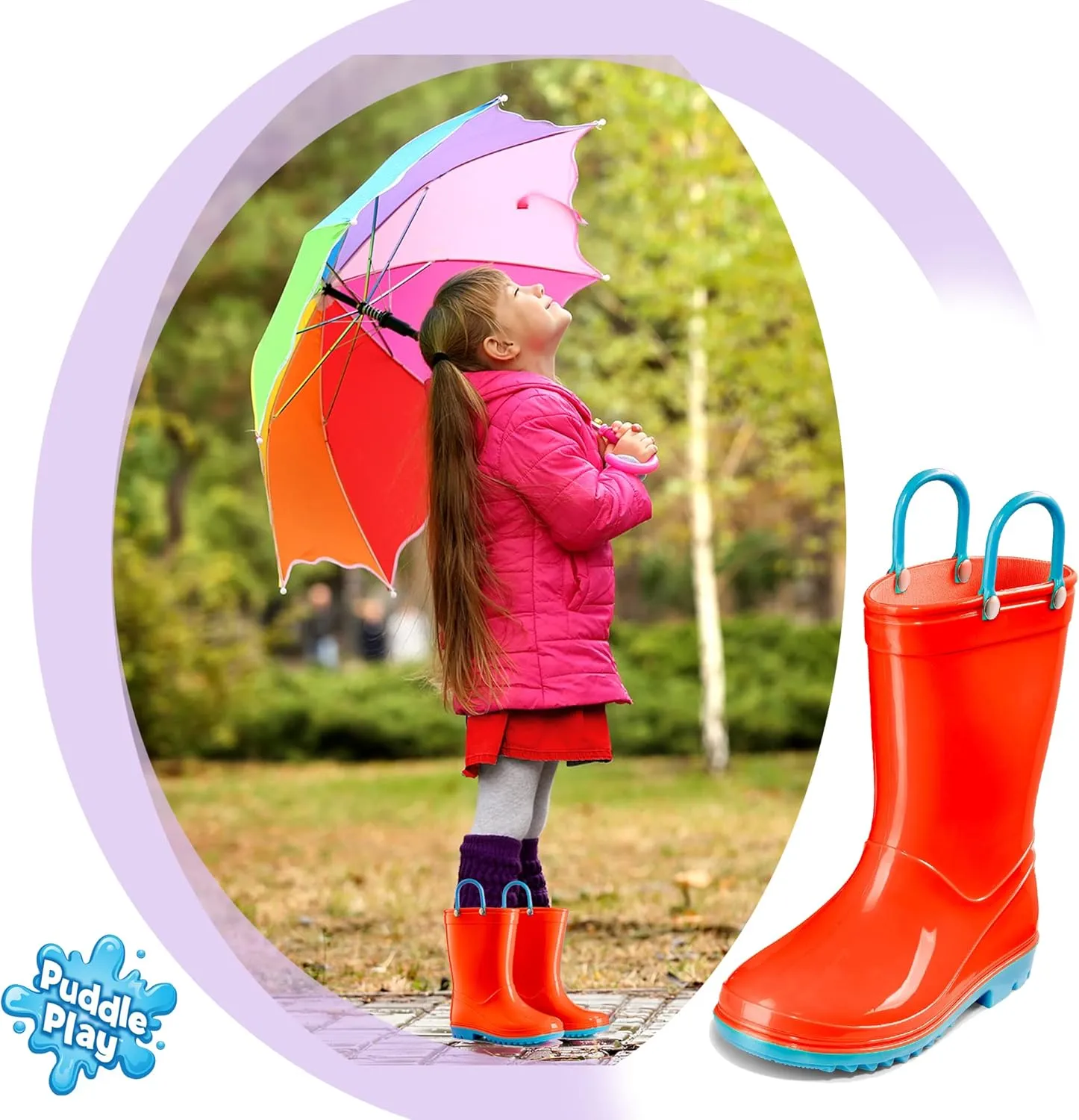 Puddle Play Toddler and Kids Waterproof PVC Rain Boots with Easy-On Handles – Lightweight Slip-Resistant Outdoor Boots for Boys and Girls