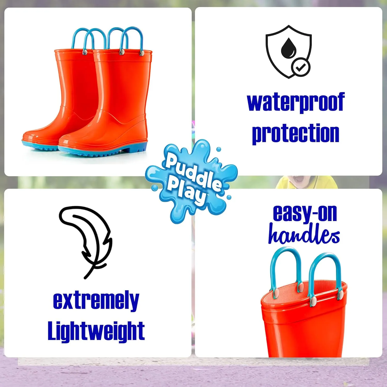 Puddle Play Toddler and Kids Waterproof PVC Rain Boots with Easy-On Handles – Lightweight Slip-Resistant Outdoor Boots for Boys and Girls