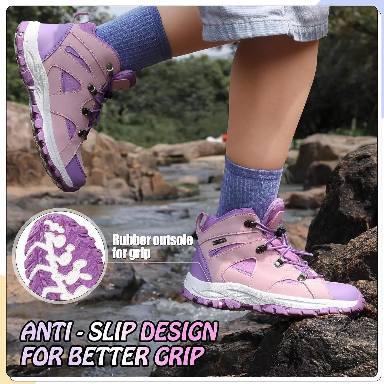 R CORD Kids Hiking Boots Waterproof Girls Hiking Boots Durable TPR Traction Outsole Anti-Skid Athletic Drawstring Closure