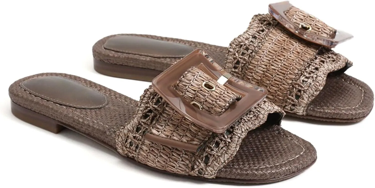 Raffia Sandals for Women Buckle Straw flats Woven Braided Rattan Slides Summer Beach Sandals Comfort Cute Shoes