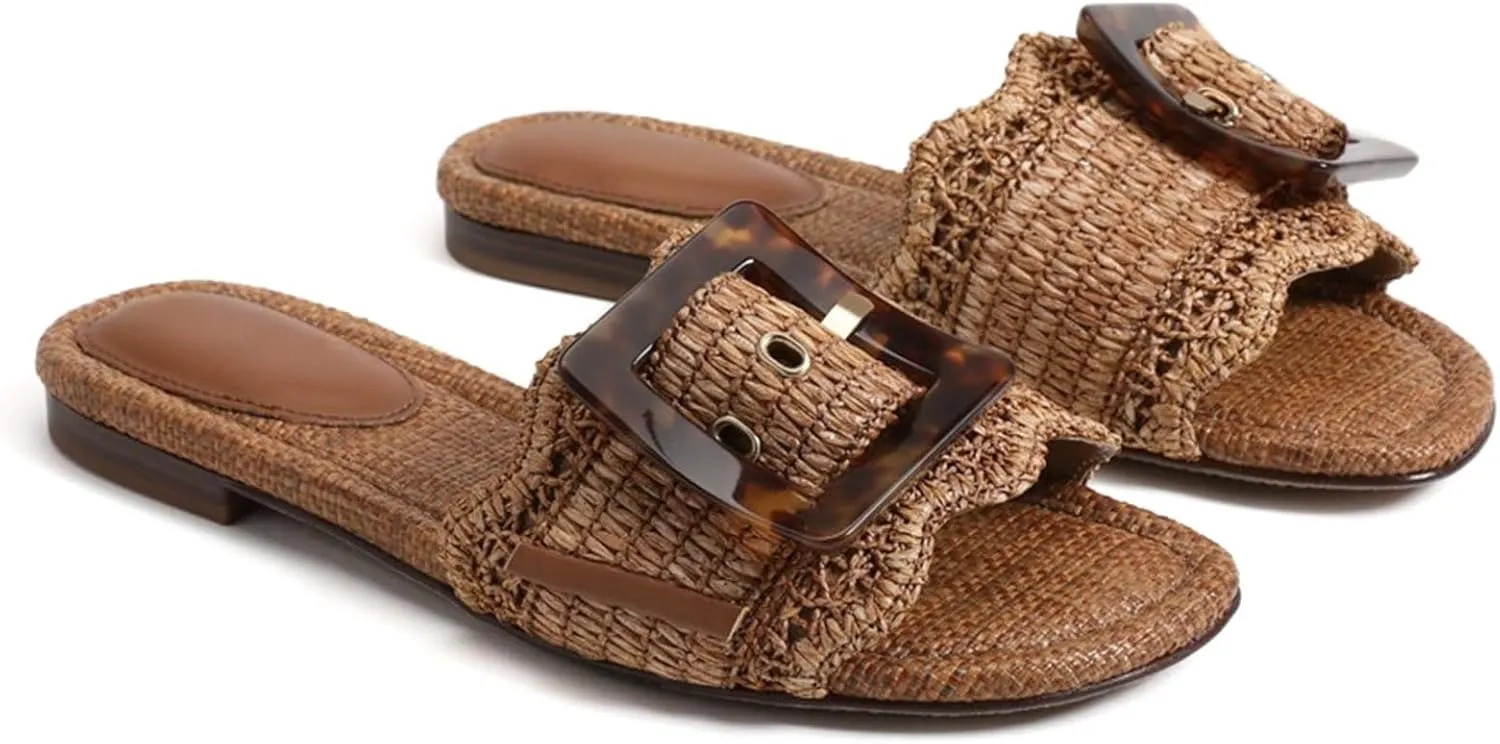 Raffia Sandals for Women Buckle Straw flats Woven Braided Rattan Slides Summer Beach Sandals Comfort Cute Shoes