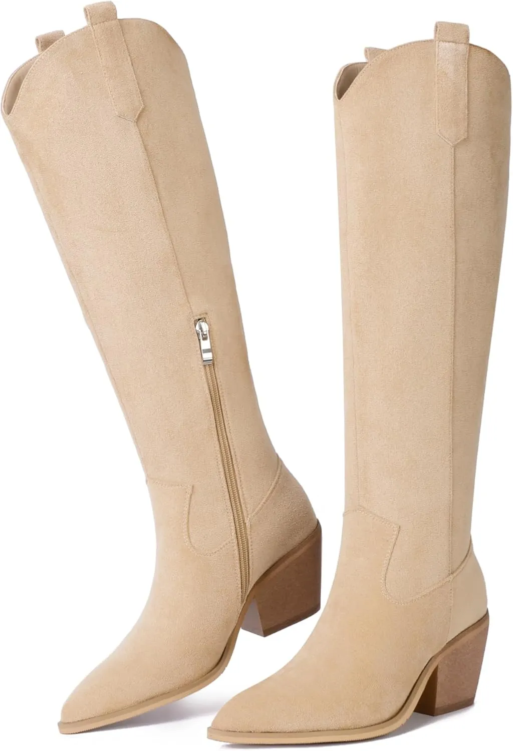 Reitoye Cowboy Boots for Women Embroidery Western Cowgirl Knee High Chunky Heel Boots with Pull-Up Tabs