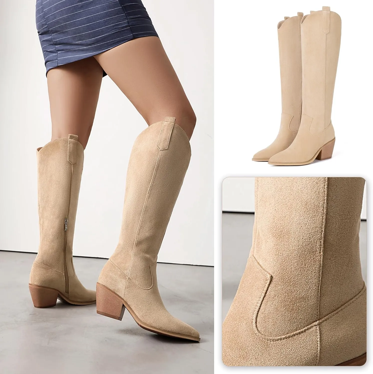 Reitoye Cowboy Boots for Women Embroidery Western Cowgirl Knee High Chunky Heel Boots with Pull-Up Tabs