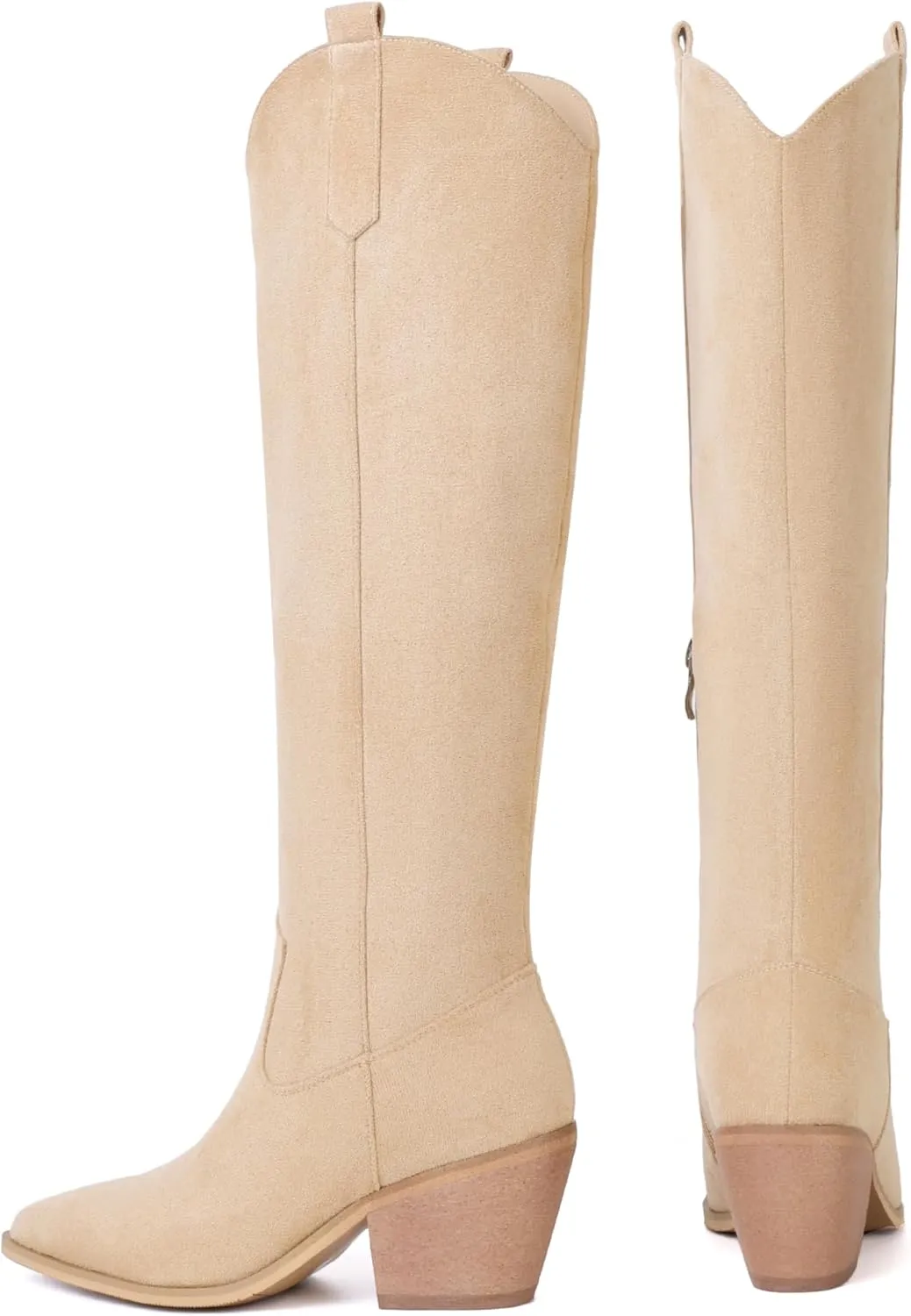 Reitoye Cowboy Boots for Women Embroidery Western Cowgirl Knee High Chunky Heel Boots with Pull-Up Tabs