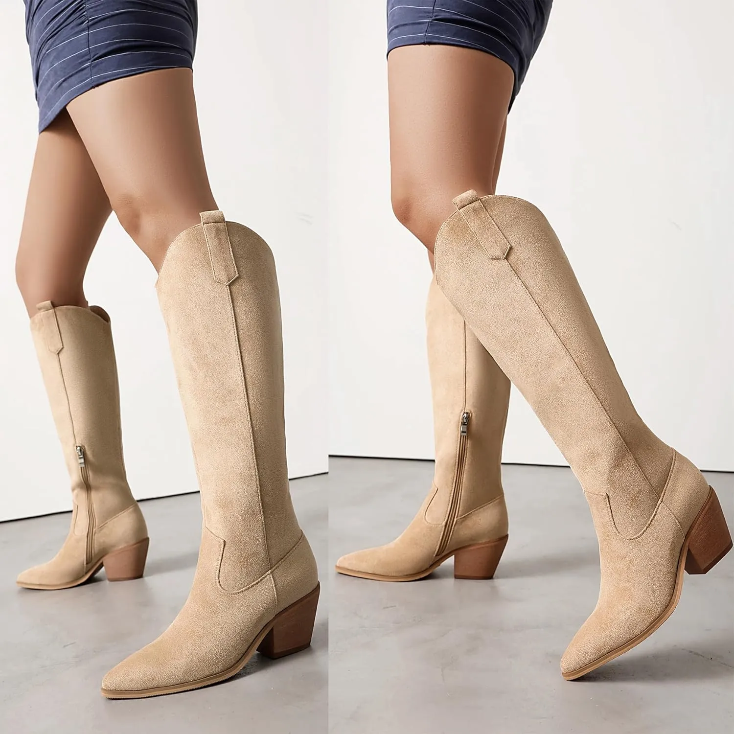 Reitoye Cowboy Boots for Women Embroidery Western Cowgirl Knee High Chunky Heel Boots with Pull-Up Tabs