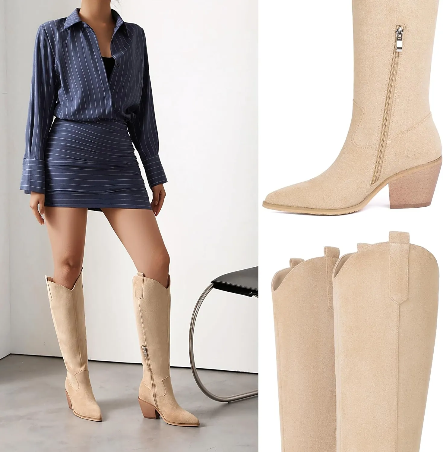 Reitoye Cowboy Boots for Women Embroidery Western Cowgirl Knee High Chunky Heel Boots with Pull-Up Tabs