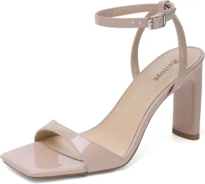 Reitoye Womens Heels Square Open Toe Chunky High Heels Strappy Ankle Strap Heeled Sandals for Women Dress Party Wedding
