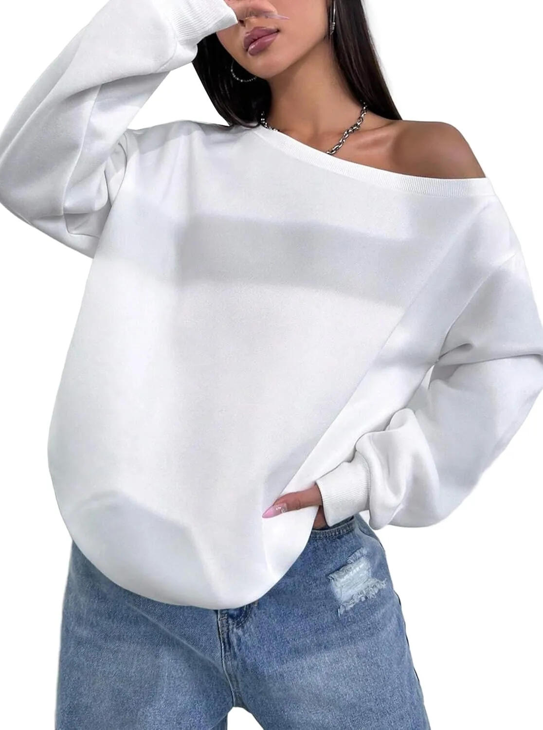 Remidoo Womens Off Shoulder Sweatshirt Drop Shoulder Oversized Long Sleeve Pullover Top
