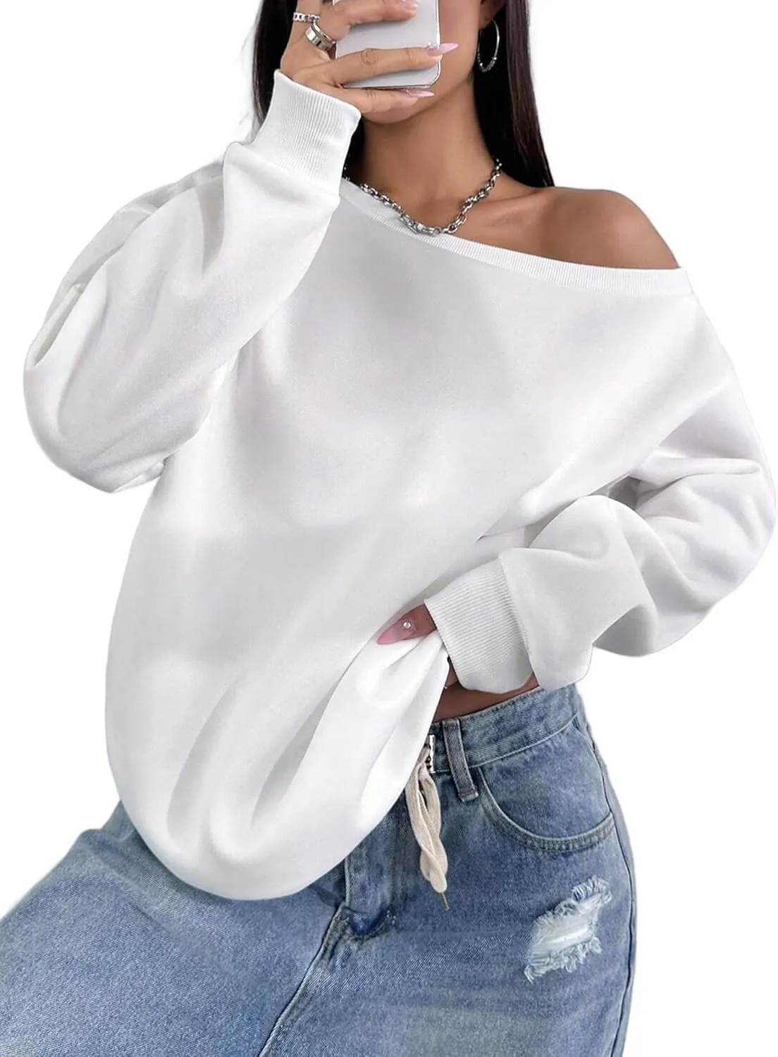 Remidoo Womens Off Shoulder Sweatshirt Drop Shoulder Oversized Long Sleeve Pullover Top