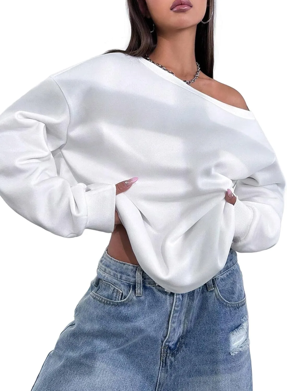 Remidoo Womens Off Shoulder Sweatshirt Drop Shoulder Oversized Long Sleeve Pullover Top