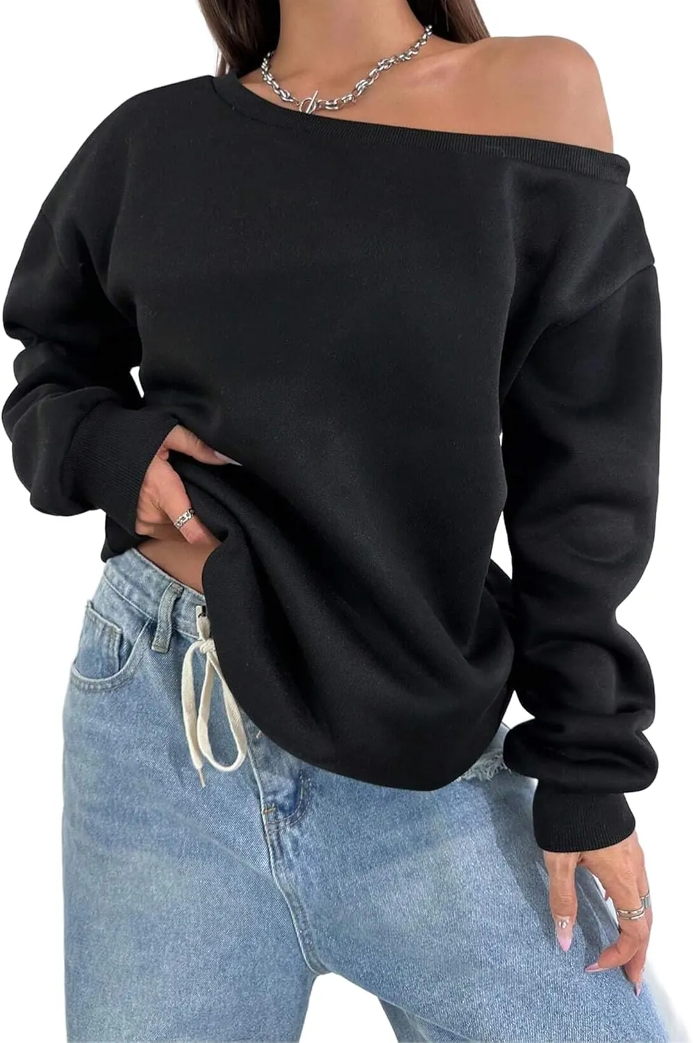 Remidoo Womens Off Shoulder Sweatshirt Drop Shoulder Oversized Long Sleeve Pullover Top