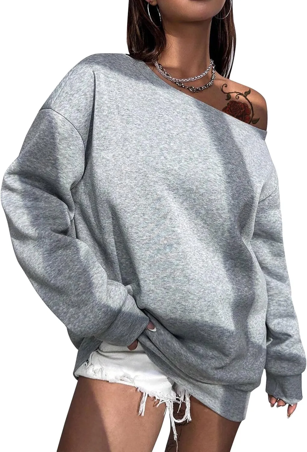 Remidoo Womens Off Shoulder Sweatshirt Drop Shoulder Oversized Long Sleeve Pullover Top