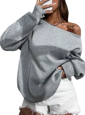 Remidoo Womens Off Shoulder Sweatshirt Drop Shoulder Oversized Long Sleeve Pullover Top