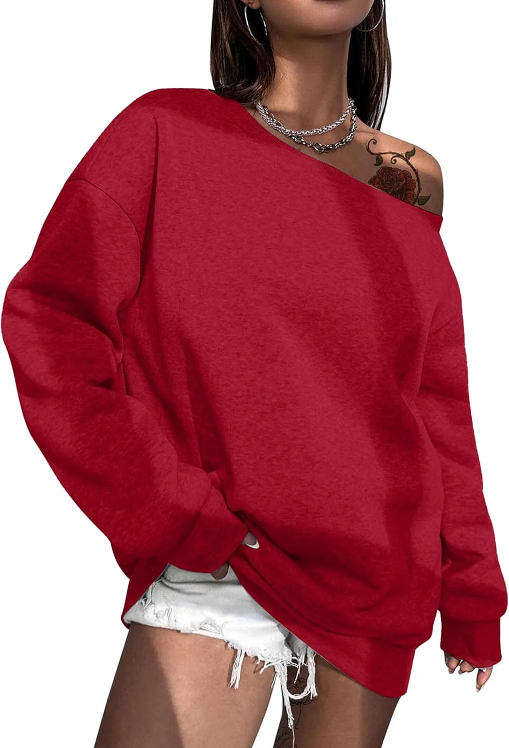 Remidoo Womens Off Shoulder Sweatshirt Drop Shoulder Oversized Long Sleeve Pullover Top