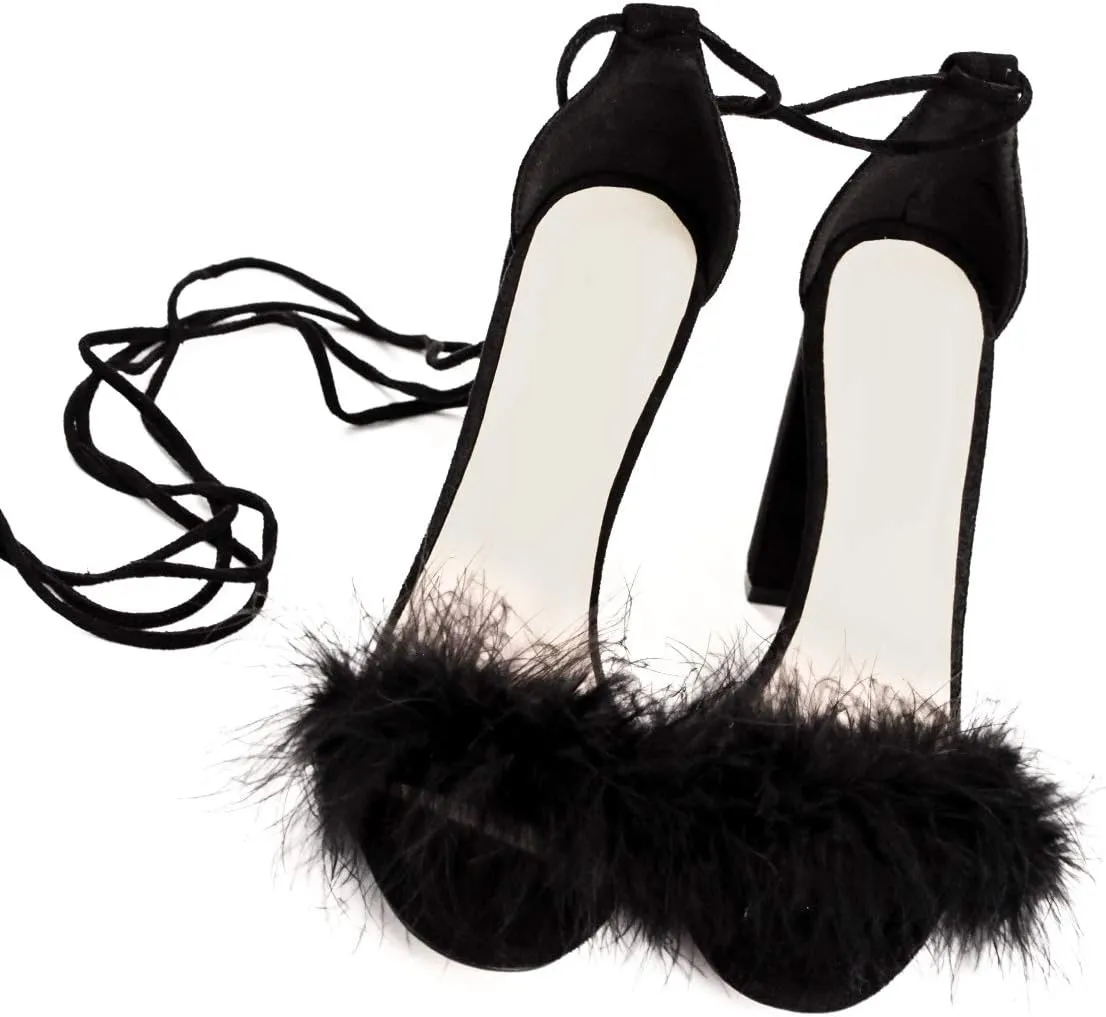 Richealnana Women's Fuzzy Cozy Strappy Open Toe Dress Artificial Feather Heeled Sandals