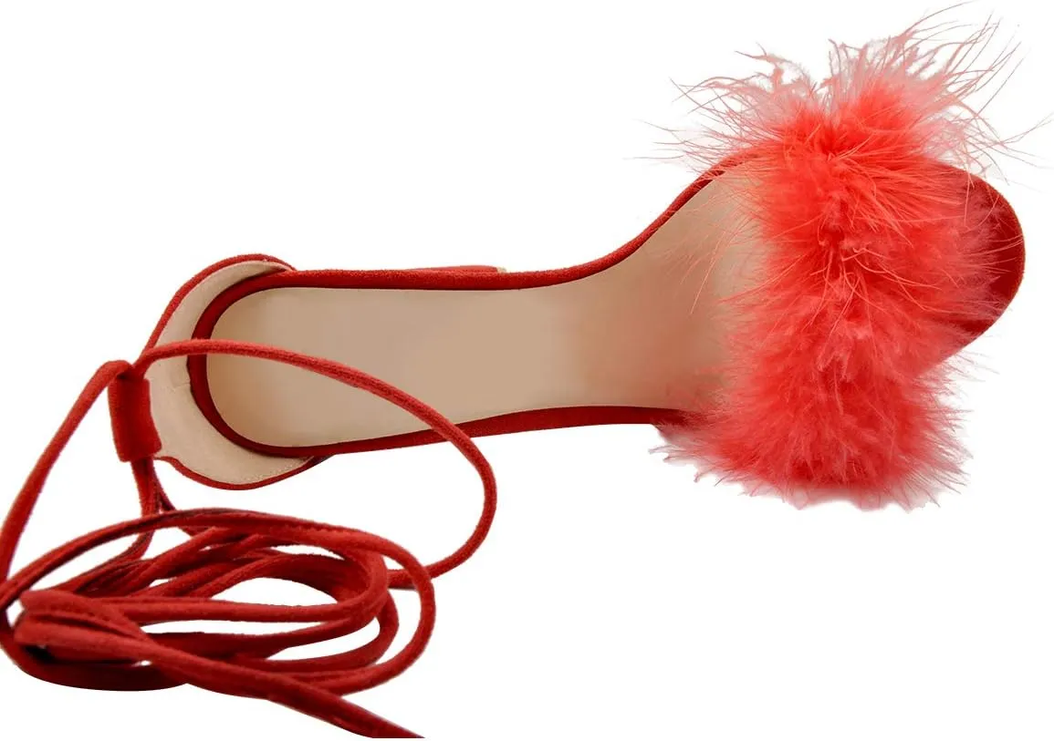 Richealnana Women's Fuzzy Cozy Strappy Open Toe Dress Artificial Feather Heeled Sandals
