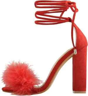 Richealnana Women's Fuzzy Cozy Strappy Open Toe Dress Artificial Feather Heeled Sandals