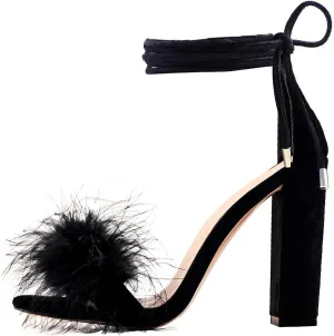 Richealnana Women's Fuzzy Cozy Strappy Open Toe Dress Artificial Feather Heeled Sandals