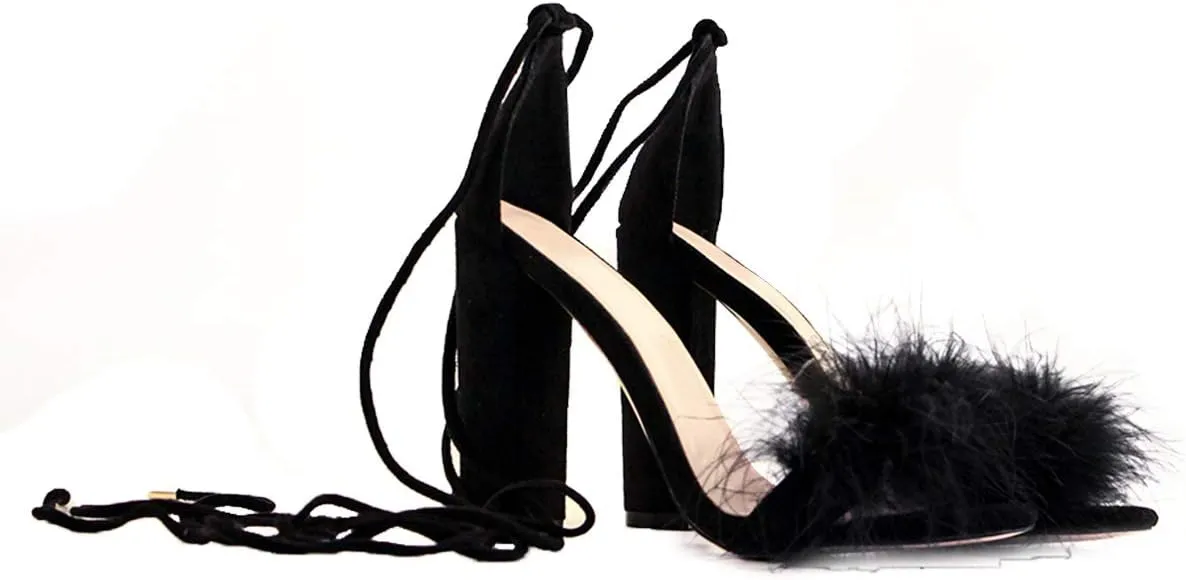 Richealnana Women's Fuzzy Cozy Strappy Open Toe Dress Artificial Feather Heeled Sandals