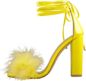 Richealnana Women's Fuzzy Cozy Strappy Open Toe Dress Artificial Feather Heeled Sandals