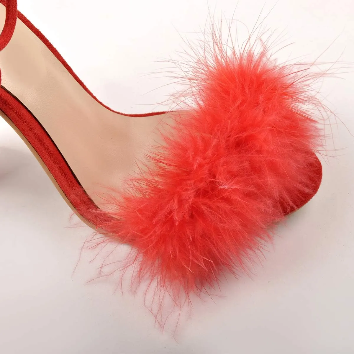 Richealnana Women's Fuzzy Cozy Strappy Open Toe Dress Artificial Feather Heeled Sandals